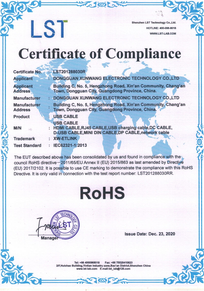 Cable ROHS certificate